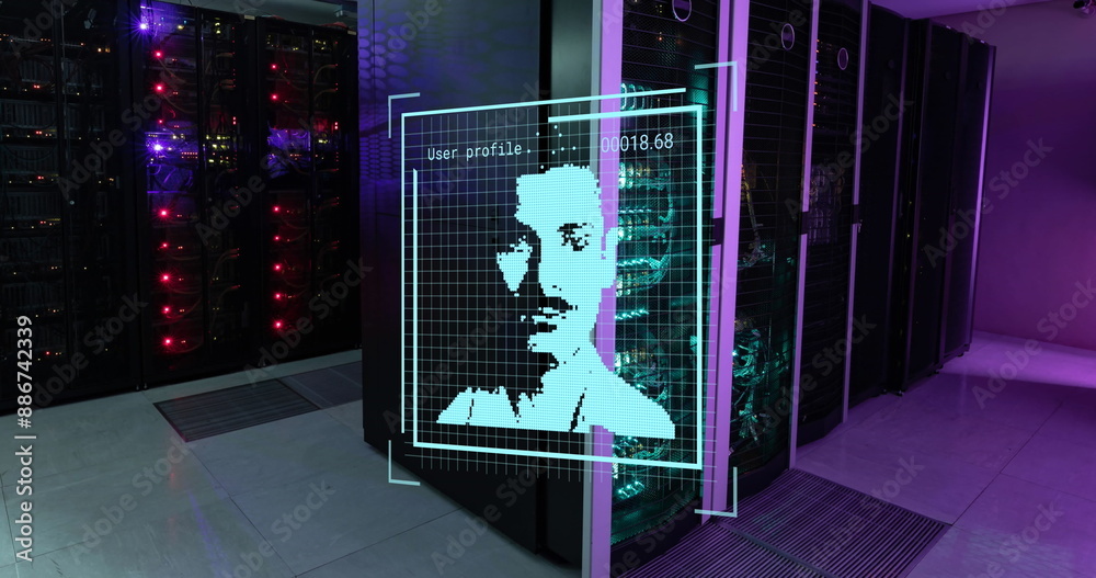 Poster image of multiple profile icons against empty computer server room