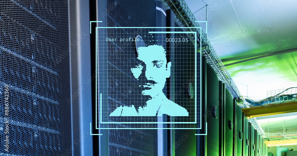 Poster image of multiple profile icons against empty computer server room