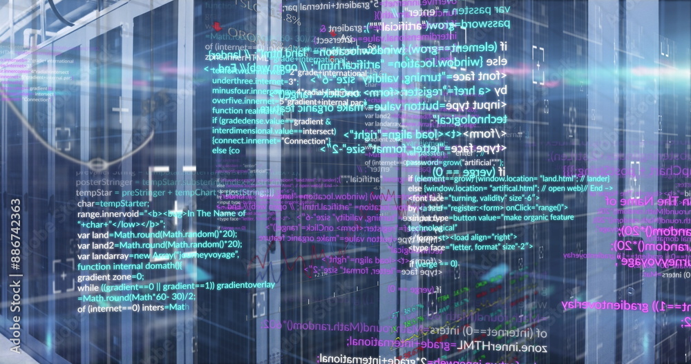 Poster image of data processing and light spots against empty computer server room