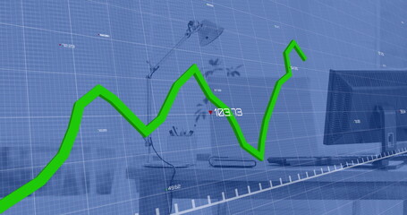 Image of green line and data processing over computer on desk in office