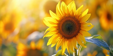 Obraz premium close up yellow sunflower field bright soft light sunny day 