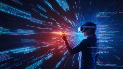 person wearing futuristic vr headset surrounded by holographic projections blending reality and virtual elements in a vibrant immersive environment with floating data streams