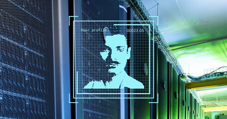 Image of multiple profile icons against empty computer server room