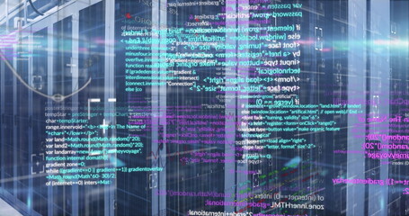 Image of data processing and light spots against empty computer server room