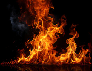 Fototapeta premium Fire Flames on Black Background- Dynamic and intense flames dancing against a deep black ba_1(125)