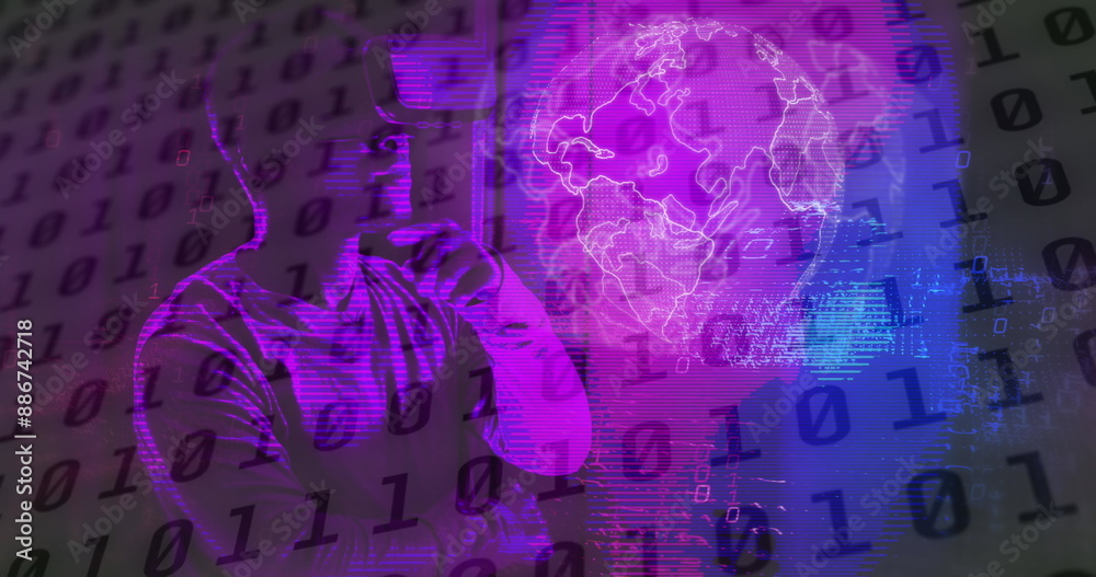 Poster image of binary coding data processing with african american man in vr headset
