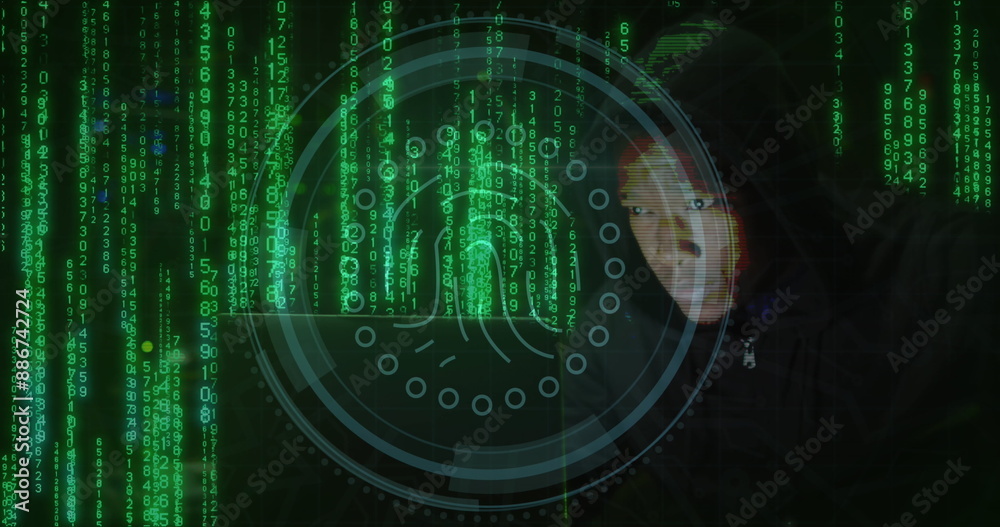 Poster image of biometric print and binary coding over african american man using laptop