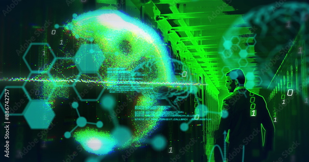 Poster image of data processing over caucasian man by computer servers