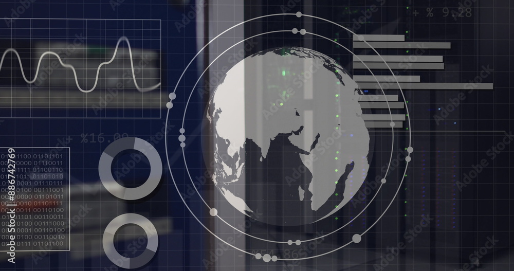 Poster image of globe and data processing over computer servers