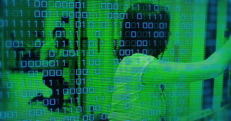 Image of data processing binary coding with caucasian female it technician by computer servers