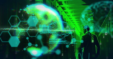 Image of data processing over caucasian man by computer servers