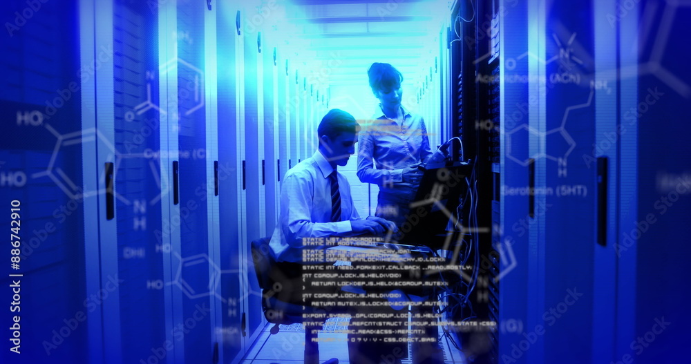 Poster image of data processing with diverse it technicians by computer servers