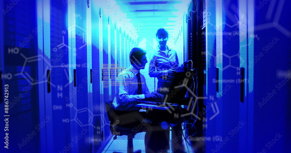 Poster image of data processing with diverse it technicians by computer servers