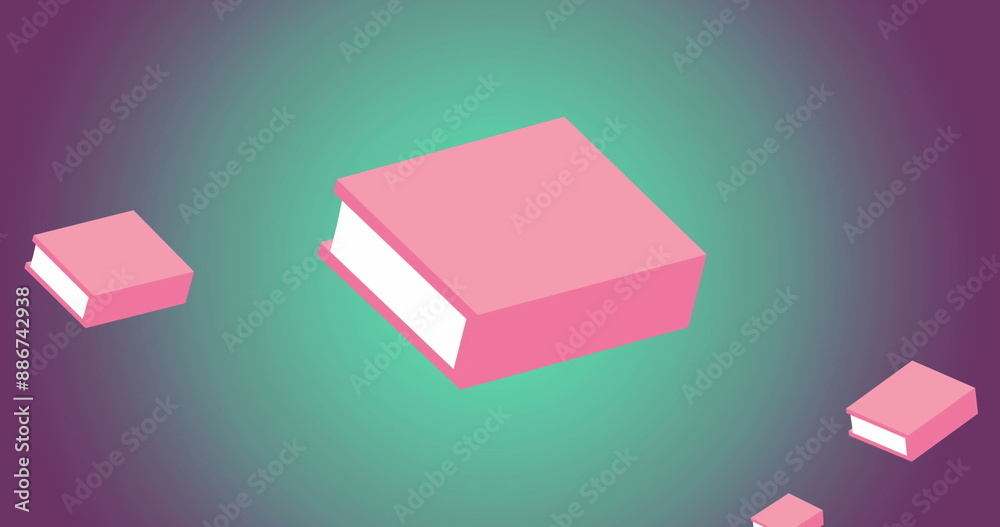 Sticker Image of multiple book icons floating against copy space on purple and green gradient background