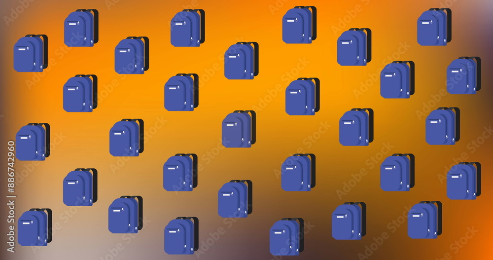 Sticker Image of multiple school bag and book icons against copy space on orange gradient background