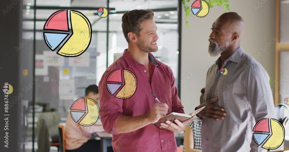 Poster image of multiple pie graph icons over two diverse men smiing while discussing at office