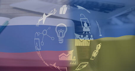 Image of globe of digital icons and russian flag against camera, and laptop on wooden surface