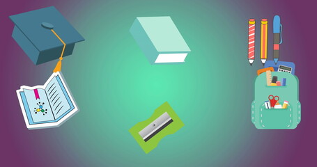 Image of multiple school concept icons against copy space on purple gradient background