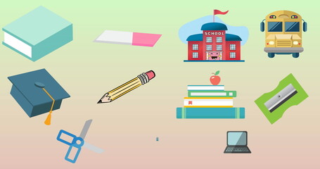 Image of multiple school concept icons against copy space on pink gradient background