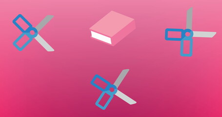 Image of multiple books and scissors icons against copy space on pink gradient background