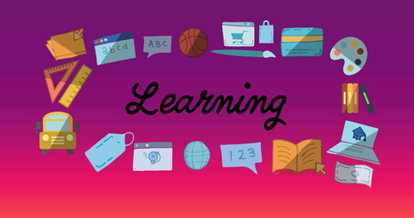 Image of learning text banner and school concept icons against purple gradient background © vectorfusionart