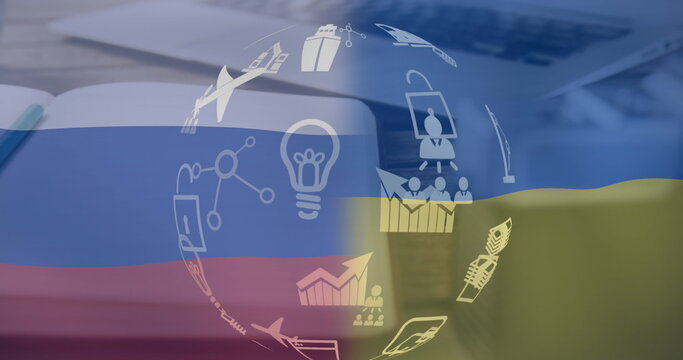 Image of globe of digital icons and russian flag against camera, and laptop on wooden surface - Powered by Adobe