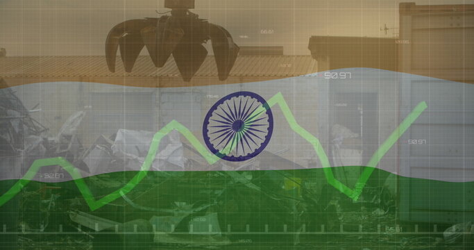 Image of waving indian flag against hydraulic lifting machine at junkyard - Powered by Adobe