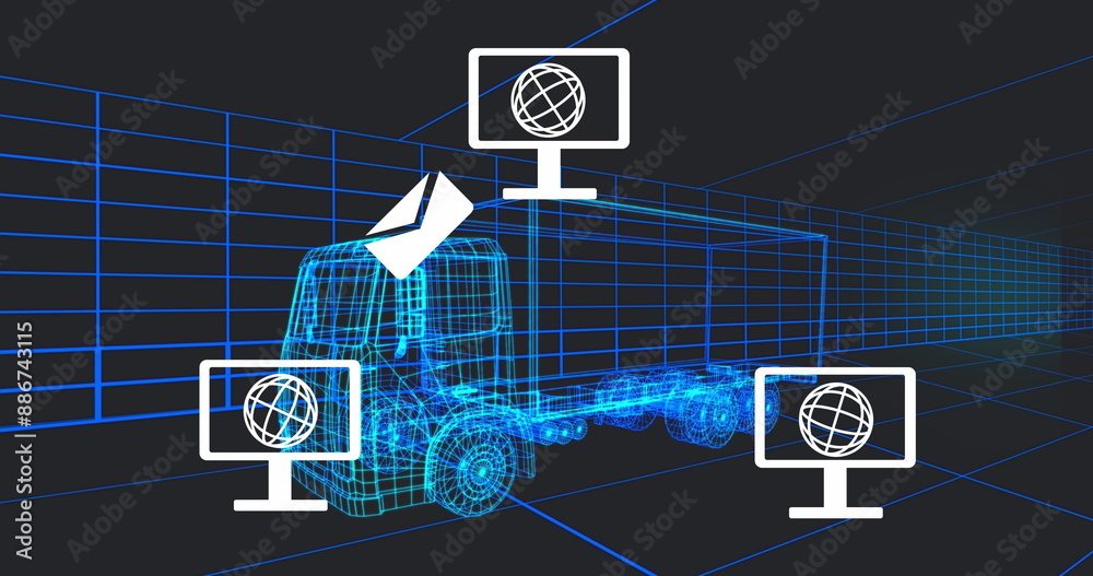 Poster image of computer networking icons over 3d truck model moving in seamless pattern in a tunnel
