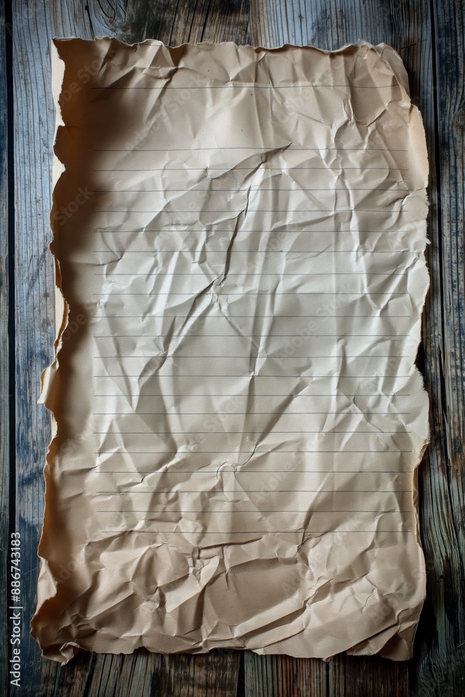 Poster crumpled paper on wooden surface with dark wood grain pattern. used or discarded document texture ba