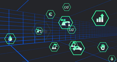 Image of multiple digital icons floating over tunnel in seamless pattern on black background