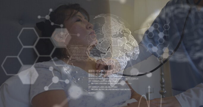 Image of globe and data processing over asian female doctor and female patient