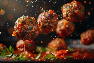 Meatballs with marinara sauce flying in a flavorful scene
