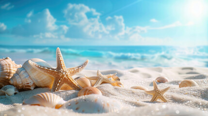 Starfish and seashells on the white sand beach with blue sky, sea and sun in the background. A summer vacation concept scene depicted in a realistic style - Generative AI 