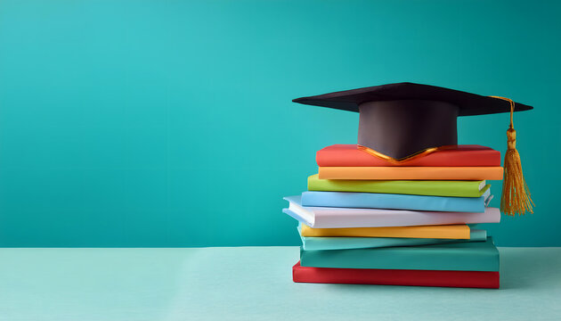 b&uuml;cher, stapel, copy space, clos eup, solid, blank, hut, graduation, chapeau, turquoise, bunt, erfolg, neu, studium, leere, Anfang, Akademiker, ausbildung, modern, schwarzer, sch&ouml;n, modern, isoliert, 
