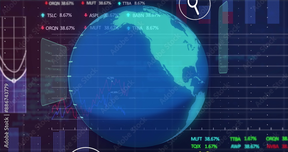 Poster image of graphs, trading boards and computer language over rotating globe over black background
