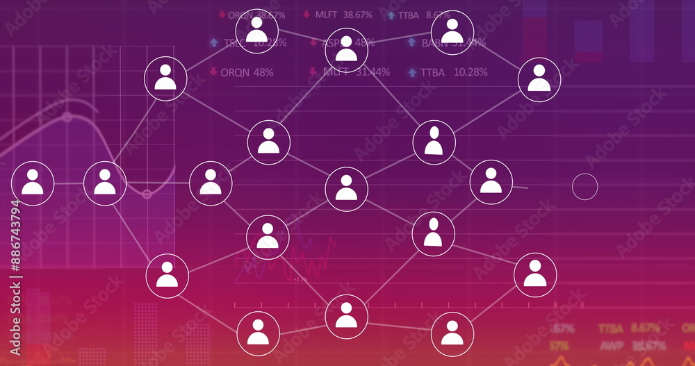 Poster image of flowchart of icons with multiple graphs and trading boards over gradient background