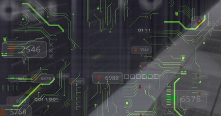 Image of data processing and computer motherboard and servers