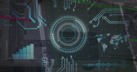 Image of scope scanning over data processing and computer motherboard and servers