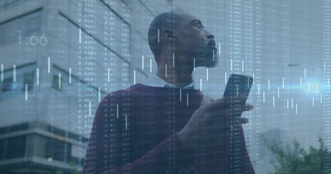 Image of changing numbers and graph, senior african american man with bicycle using cellphone
