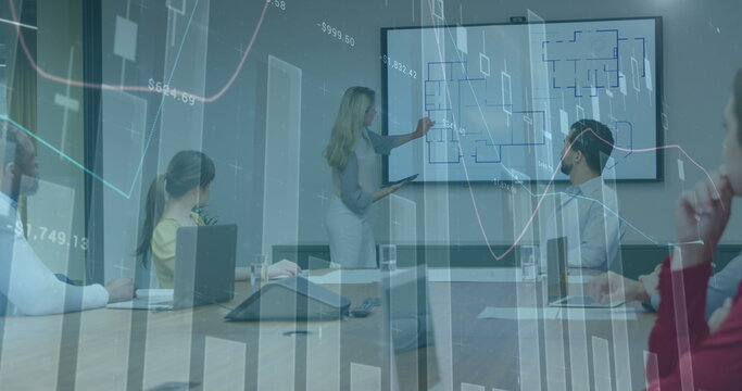 Image of multiple graphs with changing numbers, diverse coworkers discussing blueprint on screen