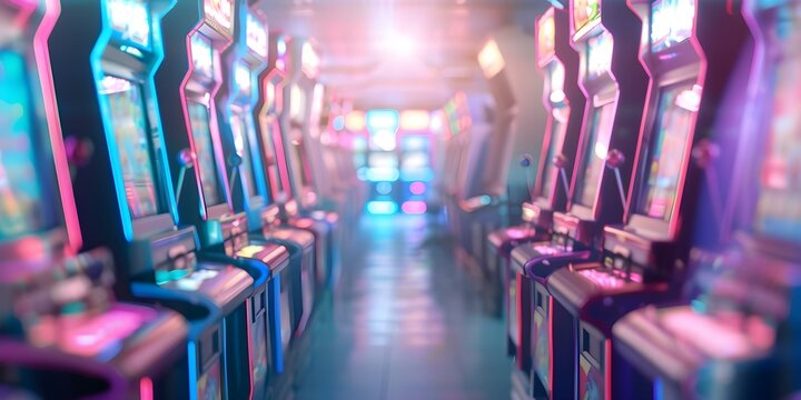 Neonlit retro arcade with colorful rows of game machines. Concept Neon Lights, Retro Arcade, Colorful Games, Arcade Rows, Nostalgic Atmosphere