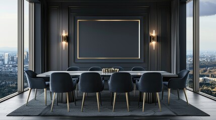 Modern conference room with sleek furniture and panoramic city views, perfect for business meetings and professional presentations.