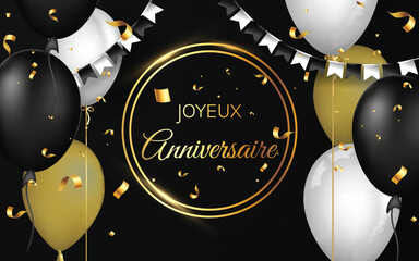 carte ou bandeau pour souhaiter un joyeux anniversaire en or dans deux cercles sur un fond noir avecdes ballons des confetis et des fanions de couleur or blanc et noir