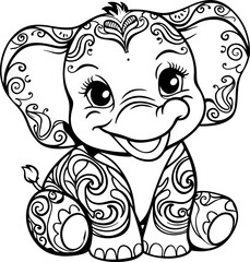 Cute Baby Elephant animal coloring book for adults vector illustration. elephant coloring page mandala design, Black and white lines.