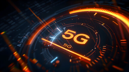 
The Futuristic Speed and Connectivity of 5G Technology Represented by a Glowing 5G Symbol with a Speedometer Gauge on a Dark Background