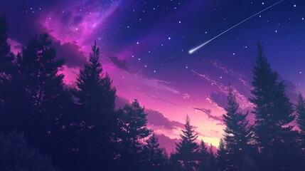 A beautiful night sky with a bright star shooting across it. Anime background. Anime sky. Anime wallpaper