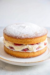 Victoria sponge cake filled with whipped cream and fresh strawberries, dusted with powdered sugar on a white plate.