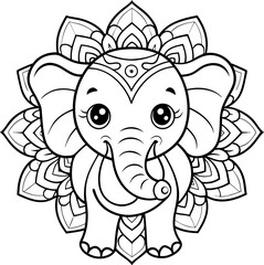 Cute Baby Elephant animal coloring book for adults vector illustration. elephant coloring page mandala design, Black and white lines.