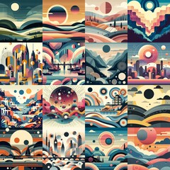 Bauhaus art style geometric landscapes. AI generated illustration