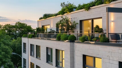 Fototapeta premium Eco-friendly urban apartments with rooftop gardens, sustainable city living, green architecture